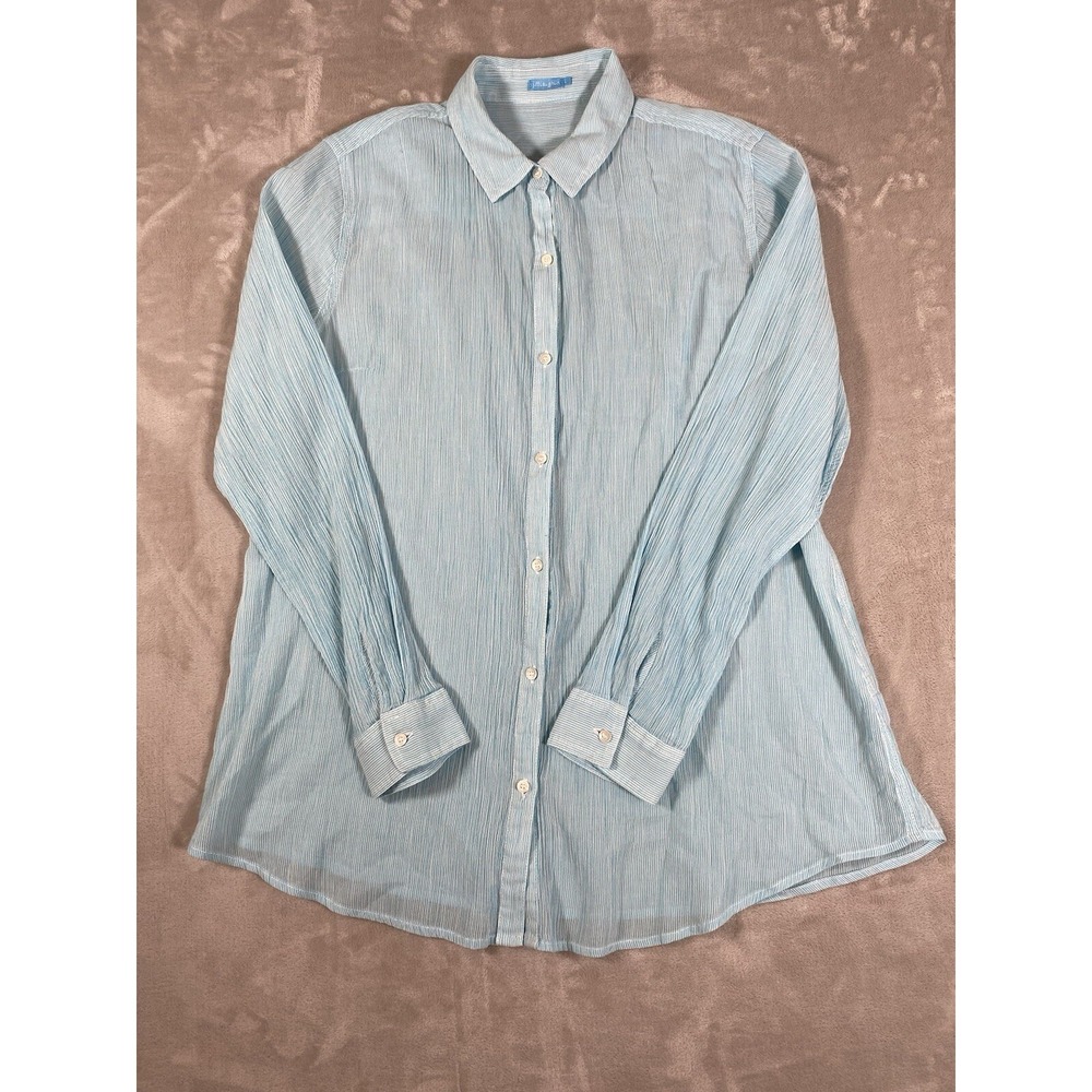 J McLaughlin Shirt Womens Large Tourqouise Striped Button Up Long Sleeve
